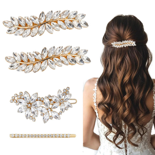 4 Pcs Rhinestone Hair Clips for Women Hair Barrettes Silver Hair Accessories Bridal for Wedding Party Everyday (Gold B)