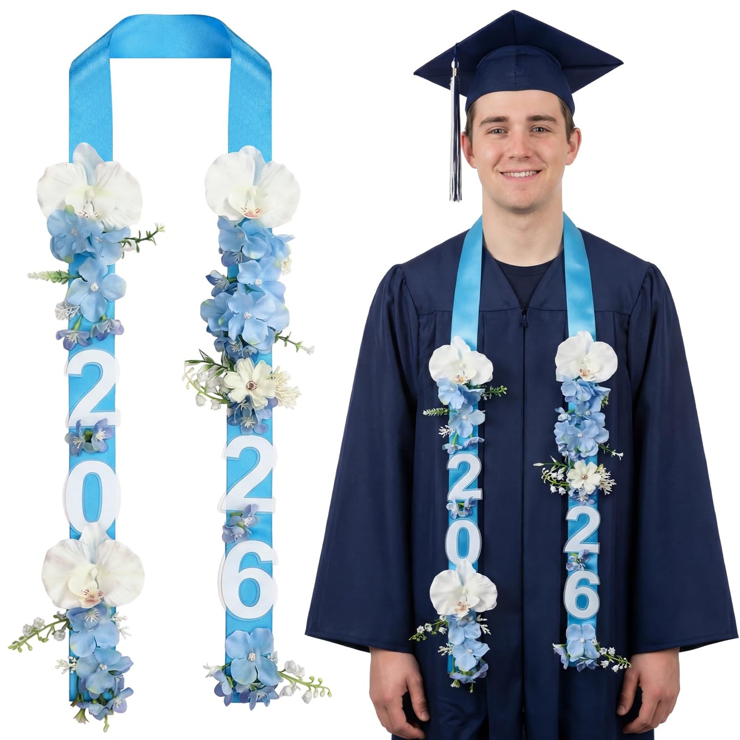 Janinka 65 Inch Graduation Lei Class of 2026 Hawaiian Flower Leis Artificial Flower Wreath Garland Necklace for College Congrats Grad Wedding Party Decor Supplies(Phalaenopsis Style,Blue)