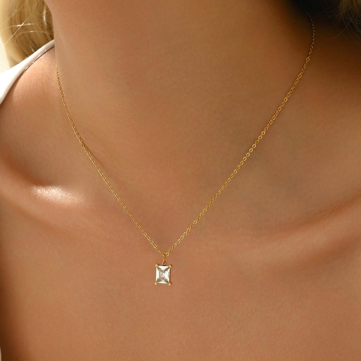NONAMOIS 18K Gold Plated Square CZ Pendant Necklace for Women Stainless Steel Dainty Gold Created White Gemstone Choker Necklace Trendy Non Tarnish Jewelry