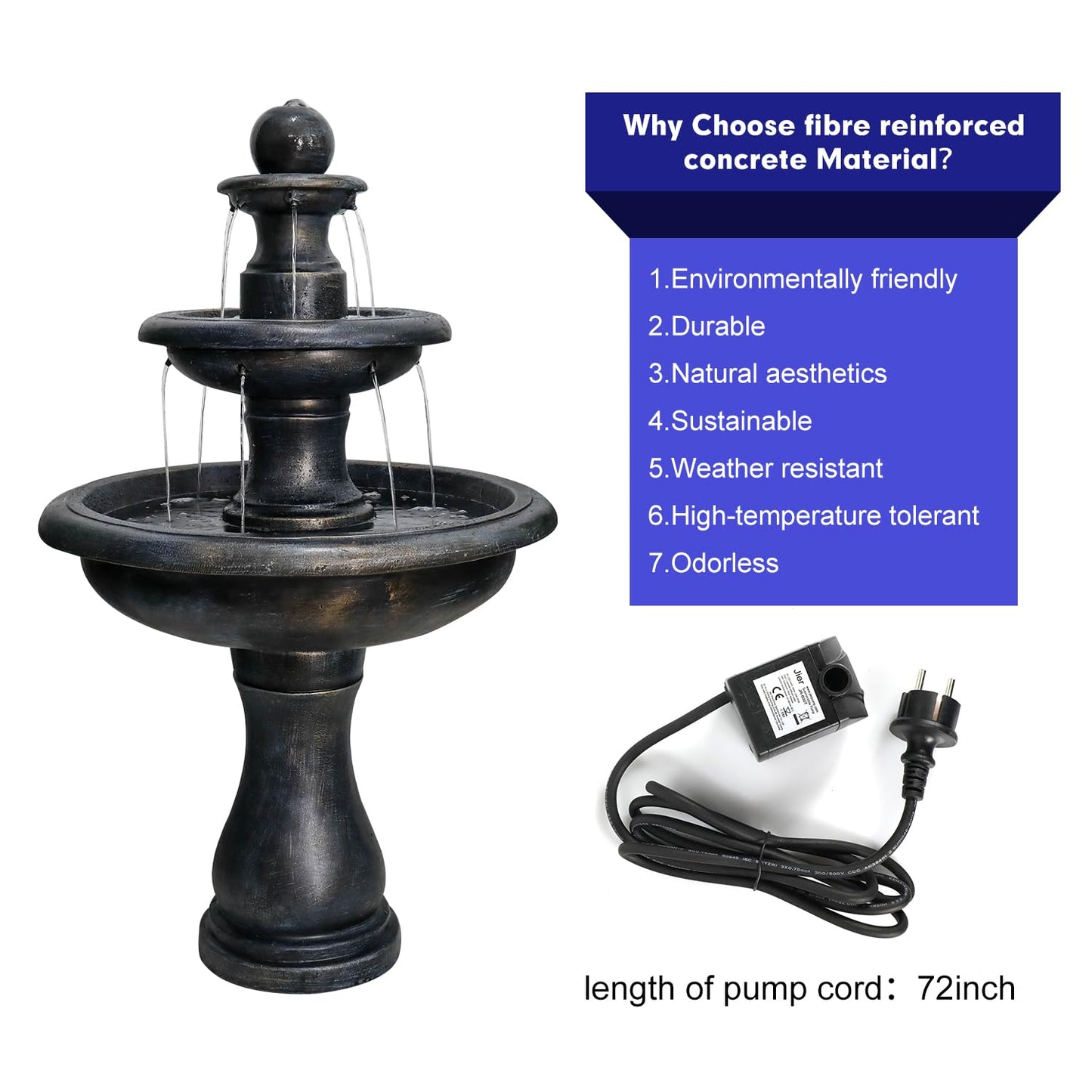 SunJet 45.2" High 3-Tiers Modern Concrete Outdoor Water Fountain - Round Large Outdoor Fountains and Waterfalls for Garden, Patio, Yard, and Deck Decor, Featuring Natural Stone Look (Black, 45.2inch)