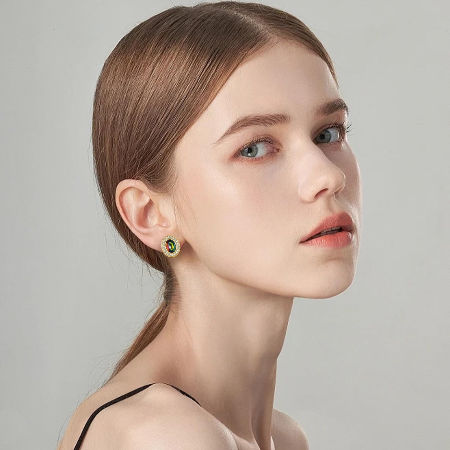 EVEVIC Austrian Crystal Halo Oval Stud Earrings for Women Trendy,14k Gold Plated Hypoallergenic Earring Jewelry Gift (Vitrail Medium)