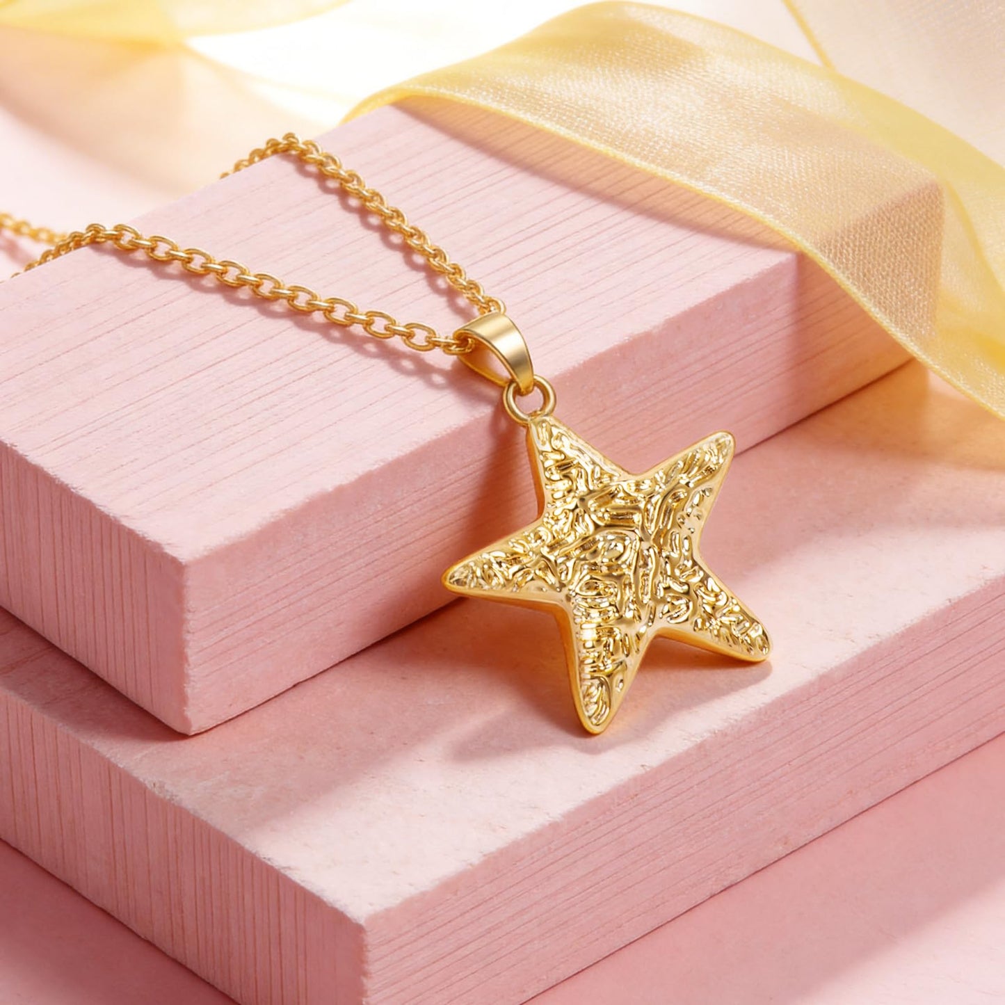 NEKOL Gold Starfish Pendant Necklace for Women, 14k Gold Plated Cute Textured Sea Star Necklace Shining Starfish Statement Necklace Party Summer Beach Ocean Jewelry Gift