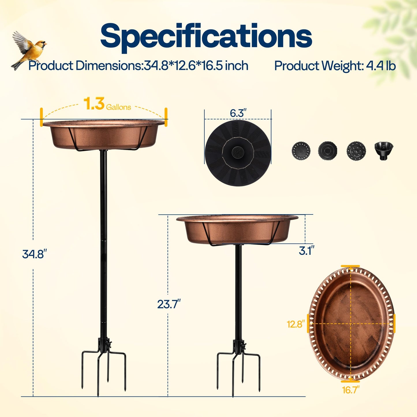 VIVOHOME Oval Bird Bath with Solar Fountain for Outside, Weather-Resistant ABS Birdbath Bowl with Solar Powered Pump, Metal Ground Stake for Outdoor, Garden, 1.3 Gallons, Bronze