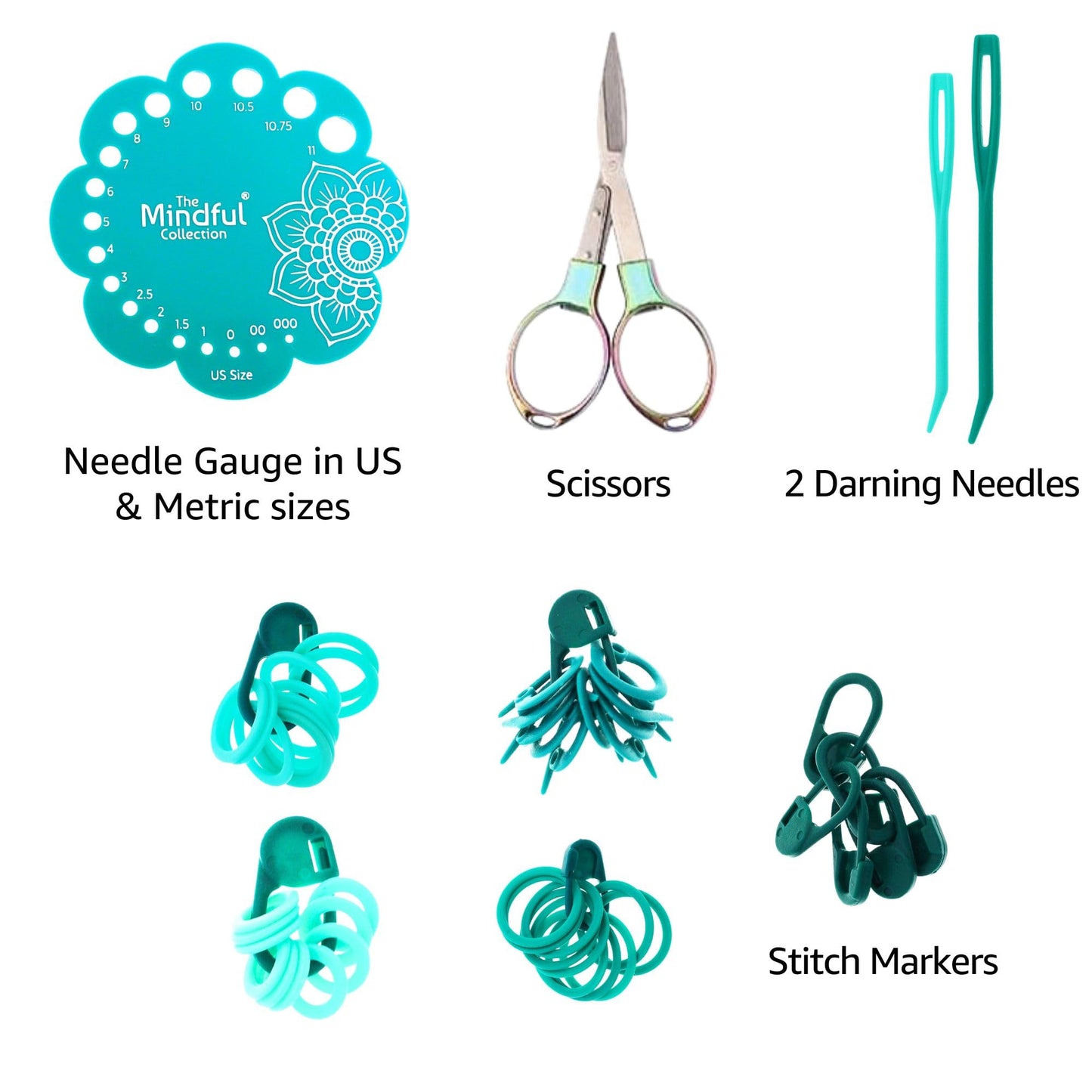KnitPro Mindful Explore Set 10 inch Circular Knitting Needles Size 0, 1.5, 2.5, 4, 6. 7, 8, 10, Scissors, Gauge, Stitch Markers & More, Fabric Case with Project Bag