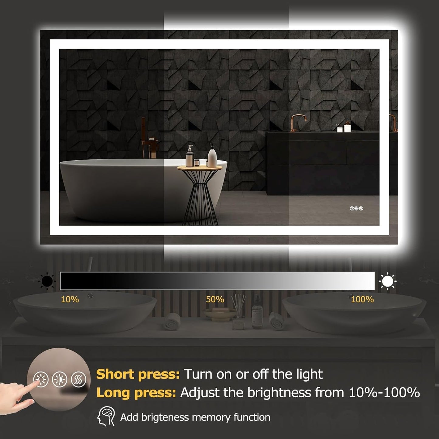 Hivone 55X30 LED Bathroom Mirror with Lights, Anti-Fog, Dimmable, Backlit + Front Lit, Smart Bathroom Vanity Mirror, Memory Function, Shatterproof, Tempered Glass (Horizontal/Vertical)