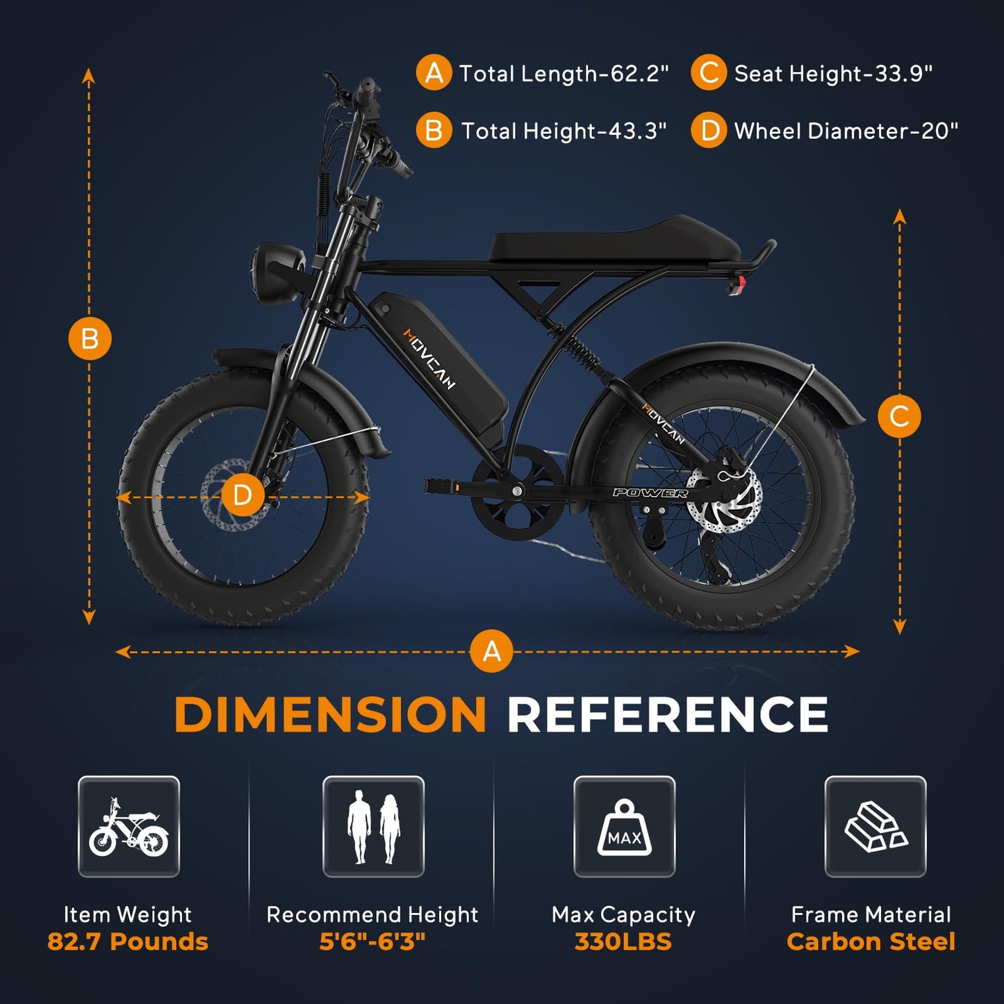 Movcan V60/V60 Pro Electric Bike, 48V 15.6/18.2Ah Removable Battery 20” Fat Tire Electric Bike, 1000/1500W Motor 30/33MPH Top Speed Electric Motorcycle, for Commute/Offroad/School/Rain/Snow Riding.