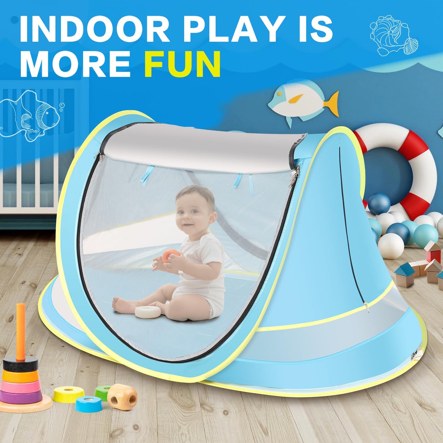 Baby Beach Tent, Pop Up Toddler Travel Tent for Boys or Girls, Sun Shade for Toddler Camping, Infant Portable Sun Shade, Summer Beach Baby (Blue Baby Tent)