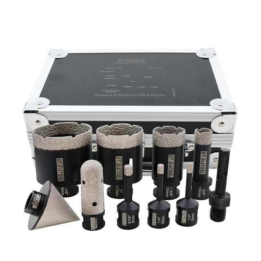 Diamond Tile Hole Saw Kit 10-Pack, DT-DIATOOL Diamond Core Drill Bits Set 6/6/8/19/35/51/65mm+20mm Finger Bit+50mm Chamfer Bit+SDS Adapter for Porcelain Ceramic Tile Marble Granite