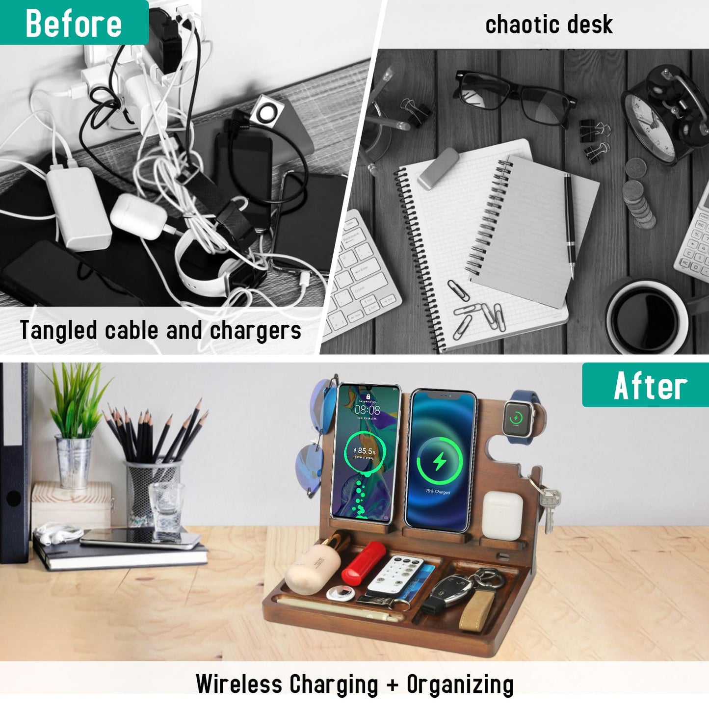 Xunhomon Wireless Charging Station,Wood Phone Docking Station for Men,Nightstand Organizer Charging Station with 4 Wireless Charger Fast Charging for iPhone/Samsung/Apple Watch/Earbuds,Gifts for Men