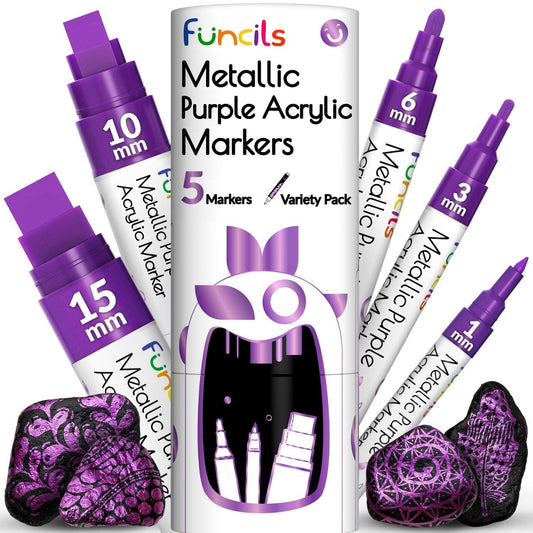 5 Metallic Acrylic Purple Paint Pen - Extra Fine Tip, Thin & Jumbo (1mm, 3mm, 6mm, 10mm, 15mm) - Markers for Fabric, Metal, Plastic, Canvas, Wood, Rock Painting, Glass, Purple Permanent Marker