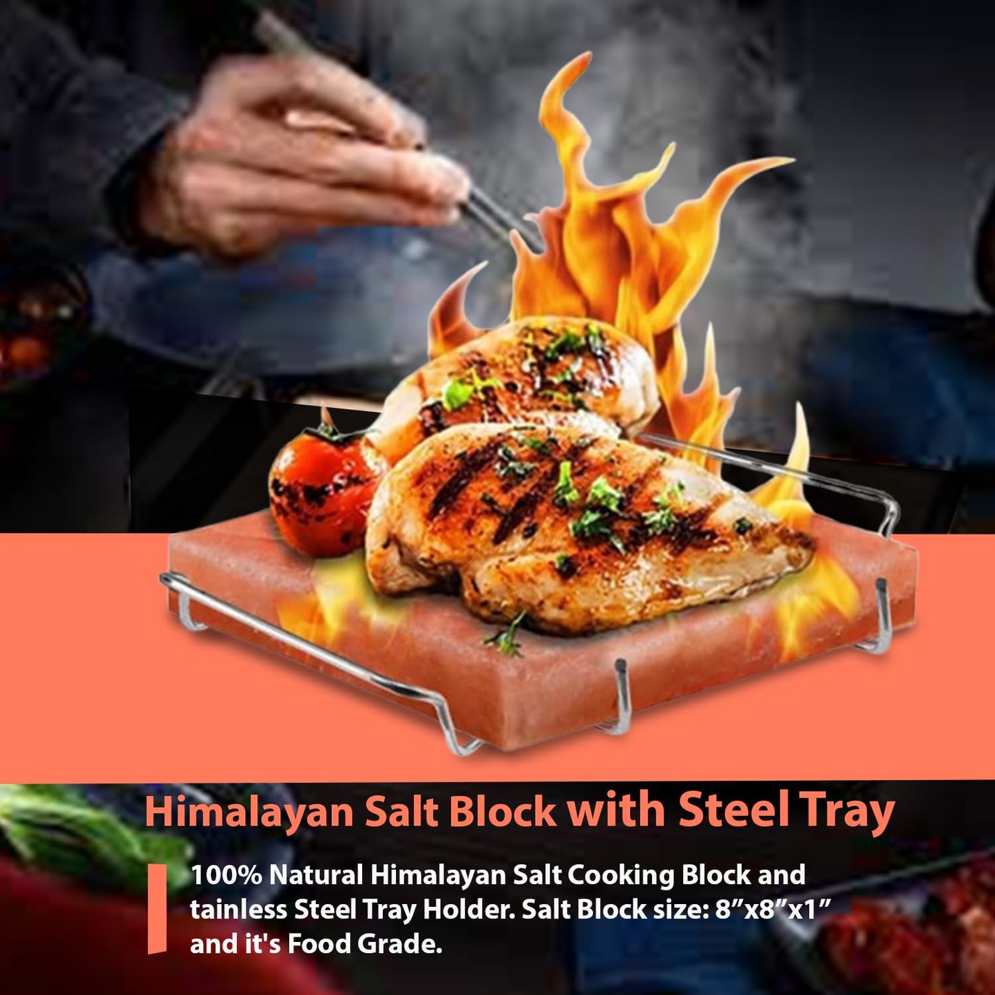 ZK Himalayan Salt Cooking Block 8x8x1” Plate with Steel Tray Holder- Food Grade Rock Salt for Grilling, Cutting, and Serving, Salt Slab a Unique Gift for Men, Women, Chefs & Cooks