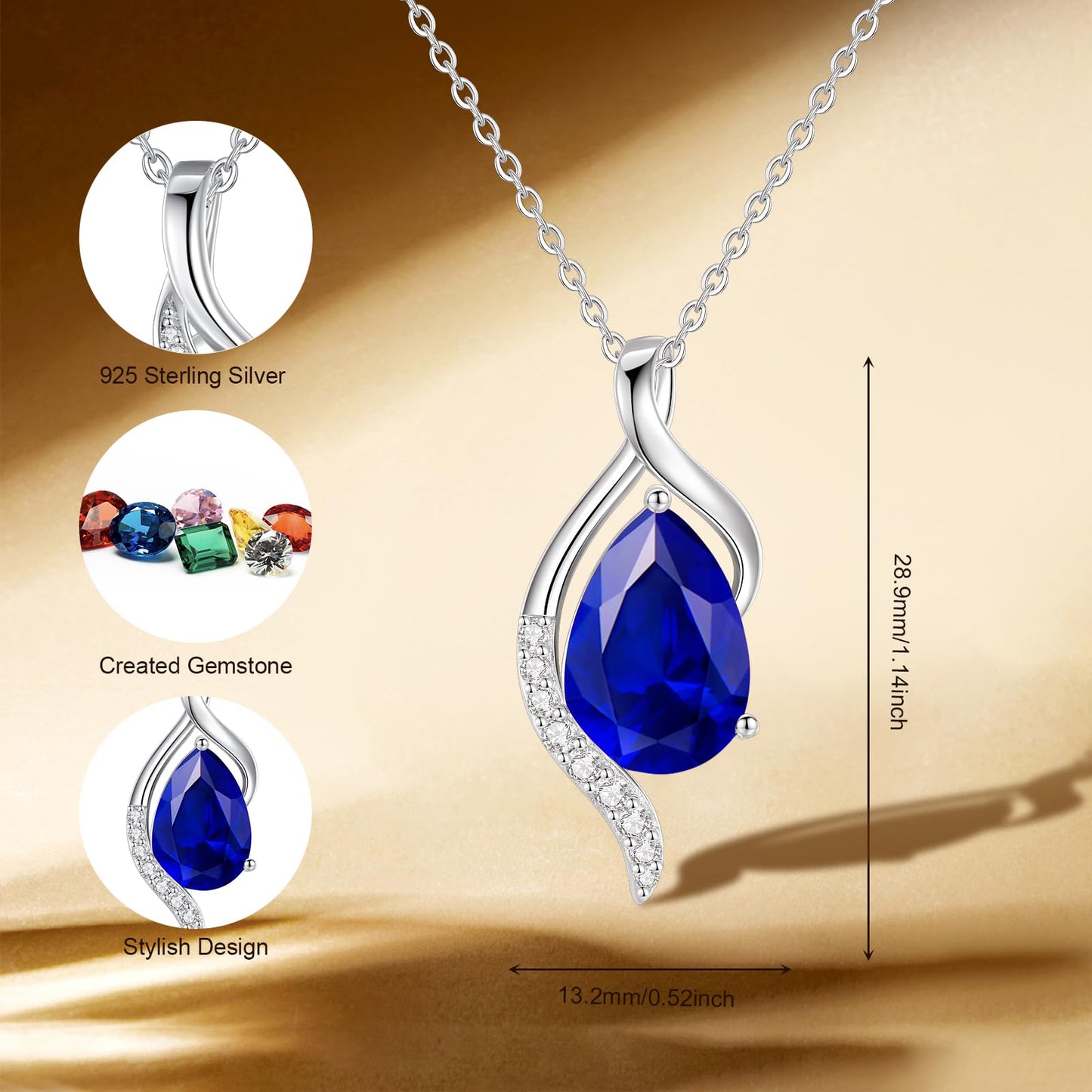 FANCIME September Birthstone Necklace for Women Teardrop Sapphire Necklace S925 Sterling Silver Gentle Love Birthday Gifts for Mom Women, 16"+2" Inches