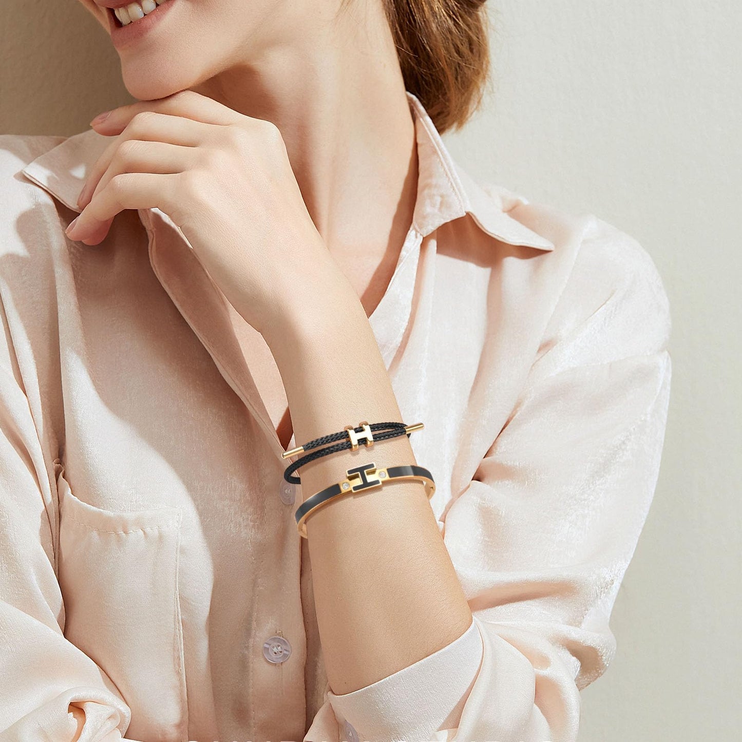 Hothink H Bracelets for Women,H Bangle and H Wire Rope Bracelet Set,Dainty 18K Gold Plated Bracelets Set for Christmas Mothers Day Gifts for Women (Gold-Black)