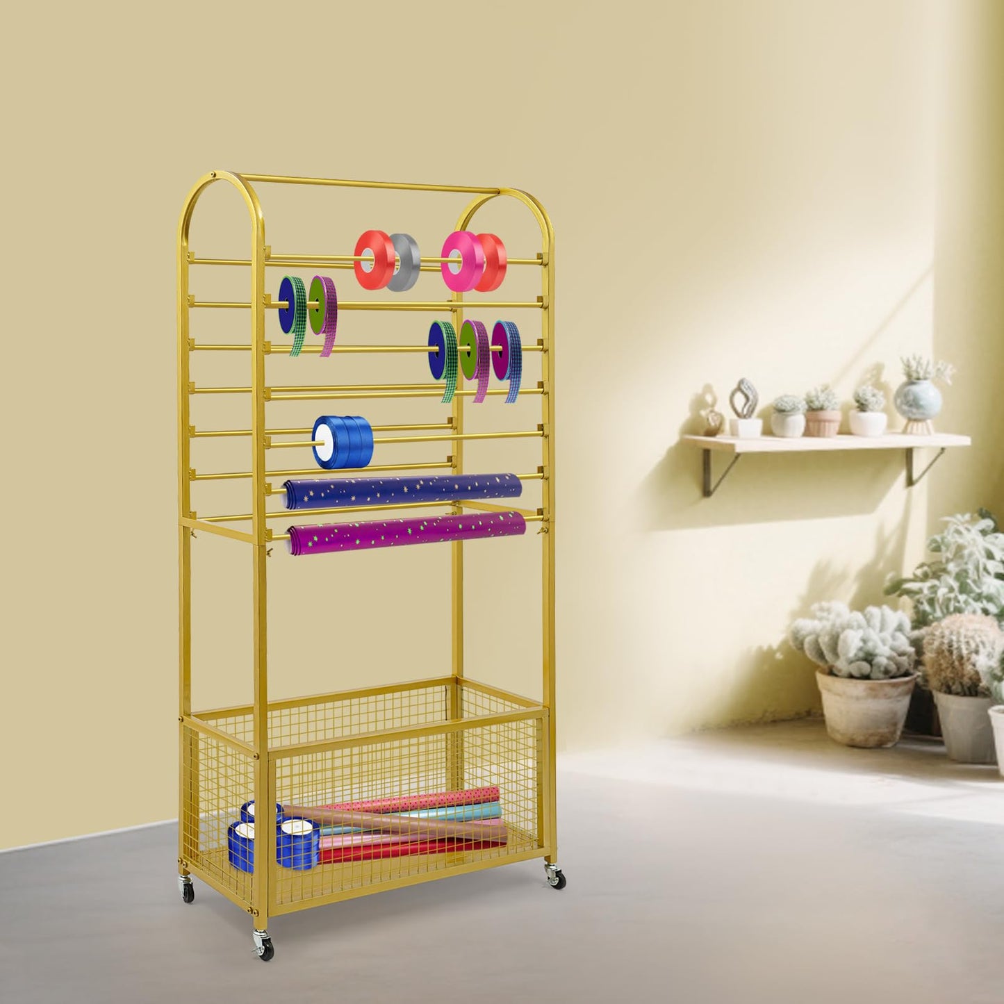 JOMCYDM Black Double-Sided Vertical Ribbon Holder Organizer Rack with Wheels 15 Rod Metal Ribbon Storage Organizer Rack for Fabric Craft Room Wrapping Paper (Gold)