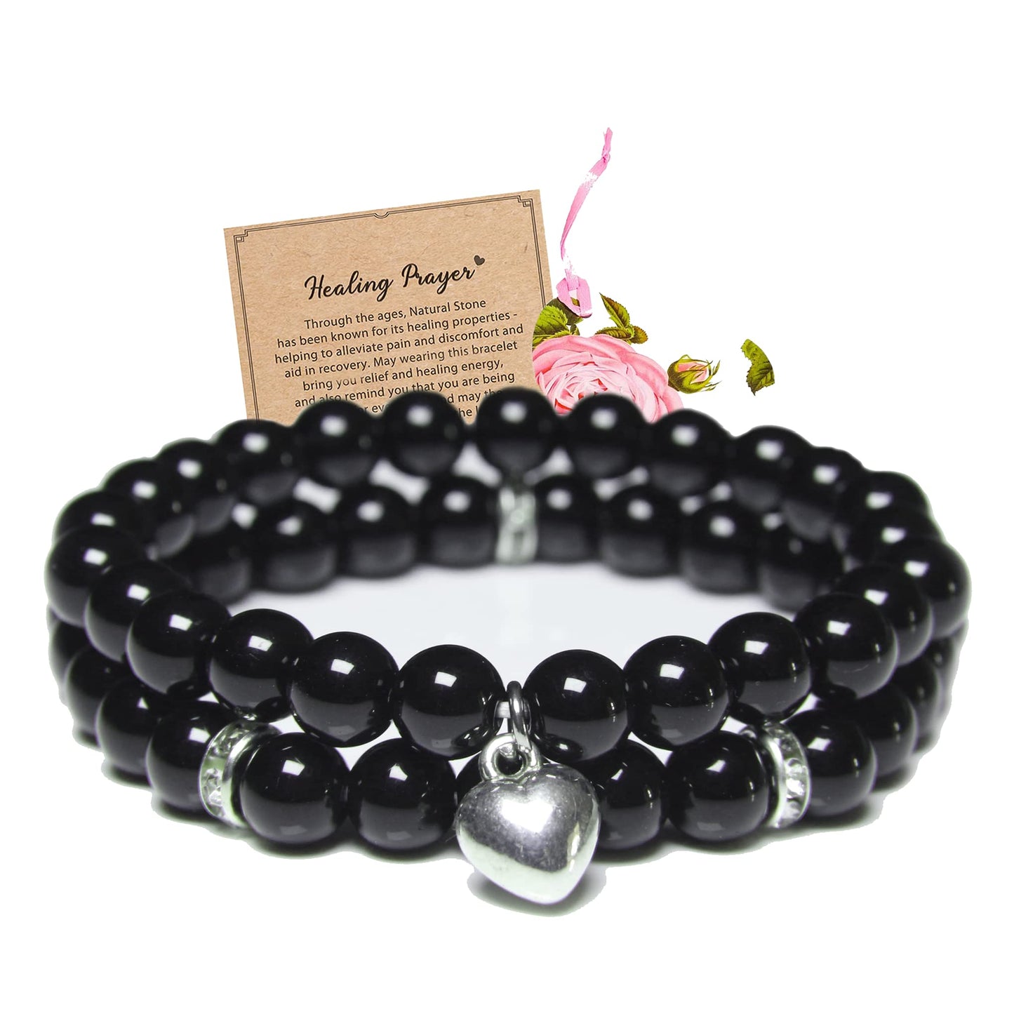GDLKPYHS Healing Bracelets for Women - Black Obsidian Bracelet - Healing Prayers Crystal Bracelet, 8mm Natural Stone Stress Relief Yoga Beads Get Well Soon Gifts
