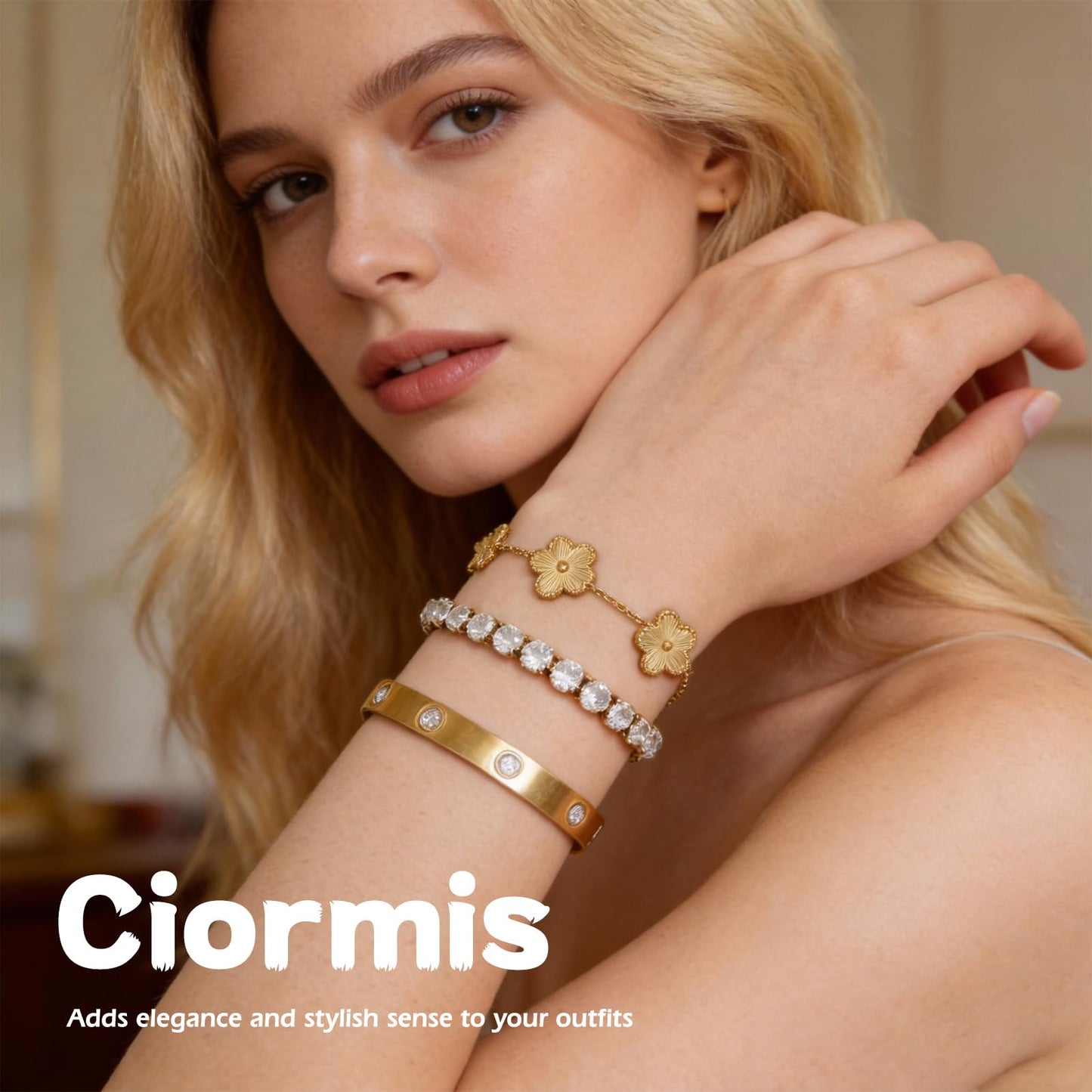 Ciormis Gold Plated Clover Tennis Love Bracelets Set for Women, Tarnish Free 18K Gold Bangles Trendy Floral Jewelry Gift for for Girlfriends Women Wife Anniversary Valentines Birthday Christmas