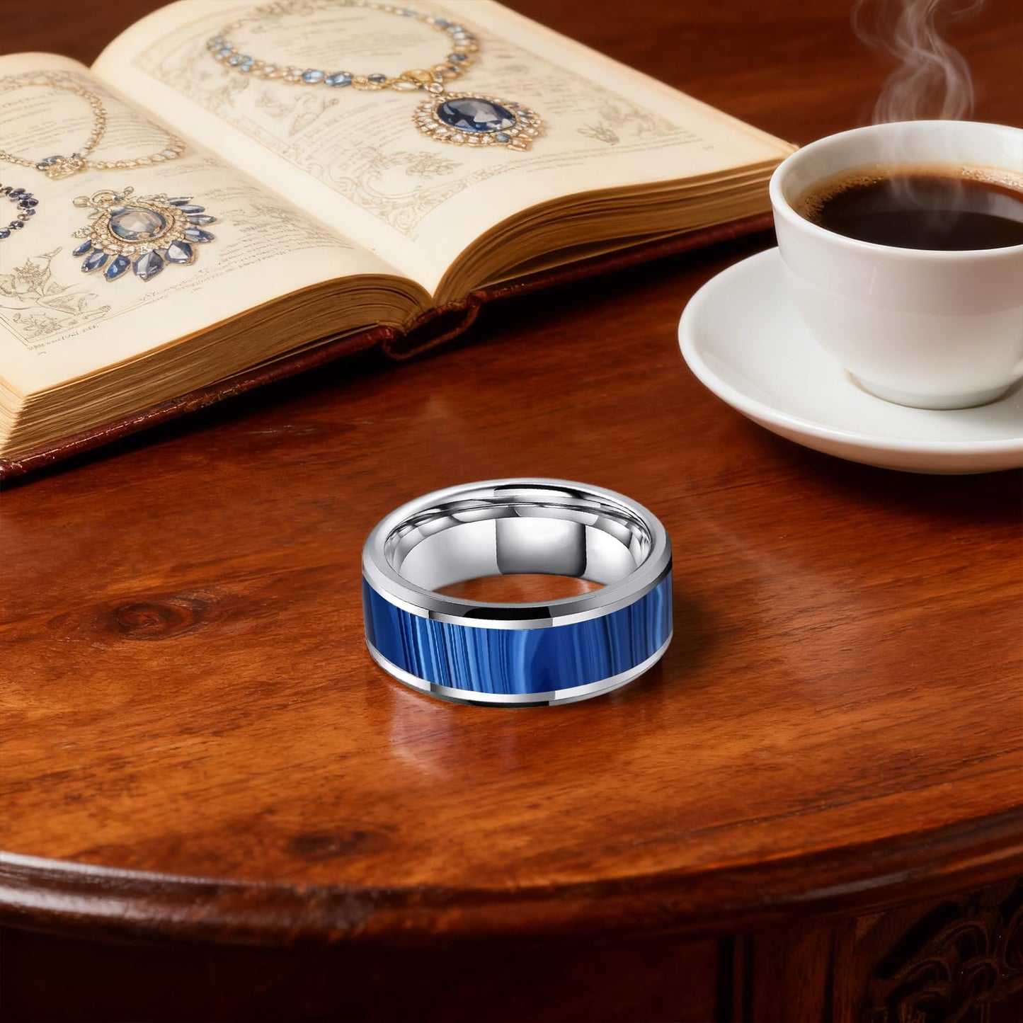 HJIMMNHONG New Carbon Fiber Fashion Rings Double Beveled Edge Delicate Polished Simple Stainless Steel Mens and Women Rings,8mm,Purple,Gray,Size Available (Peacock Blue, 10)