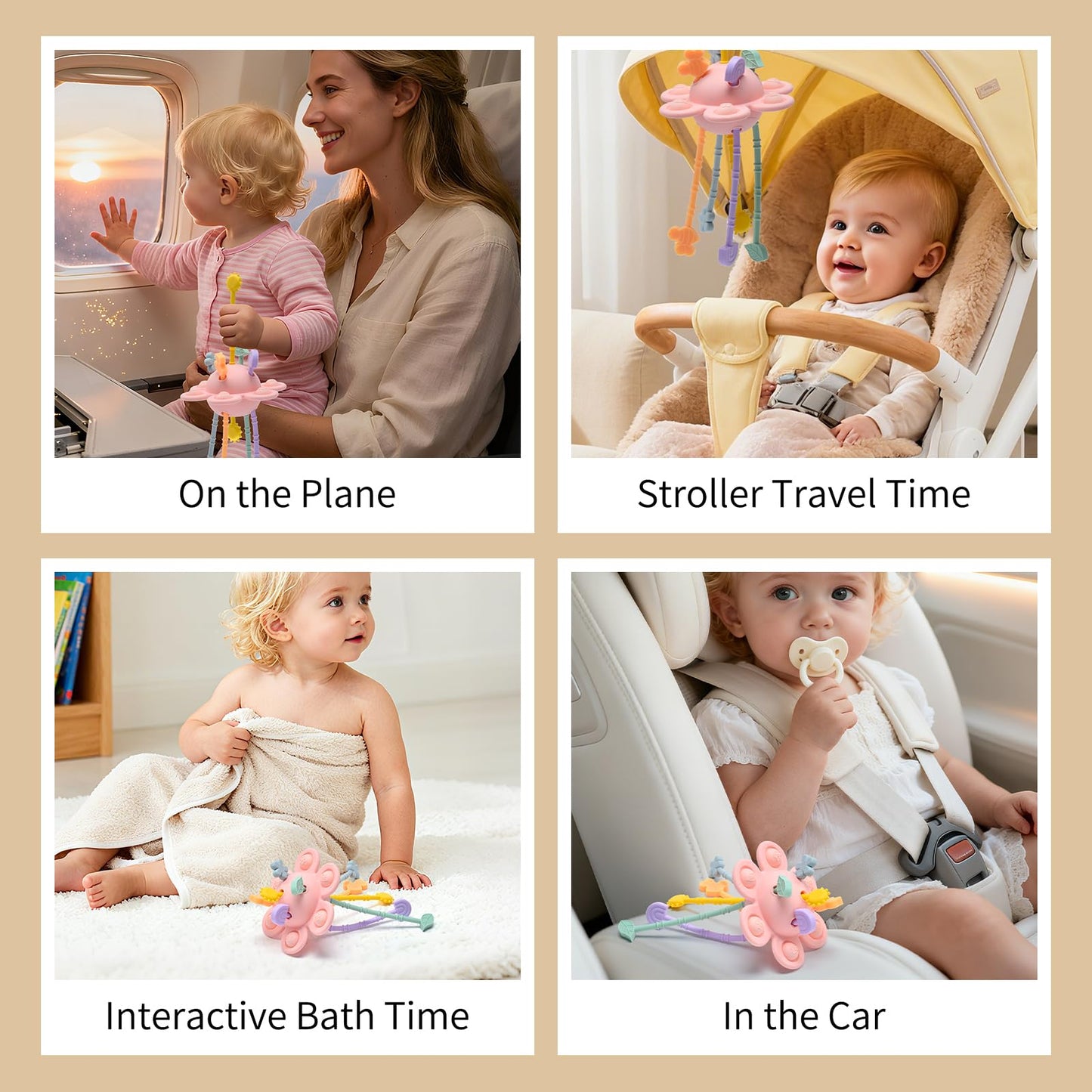Little Rawr Silicone Baby Sensory Montessori Toys & Pull String Toys for 18 M+, Toddler Birthday Gift Car Seat Airplane Travel Toy for 1 2 Year Old Boy Girl Infant 18 Months Old (Pink)