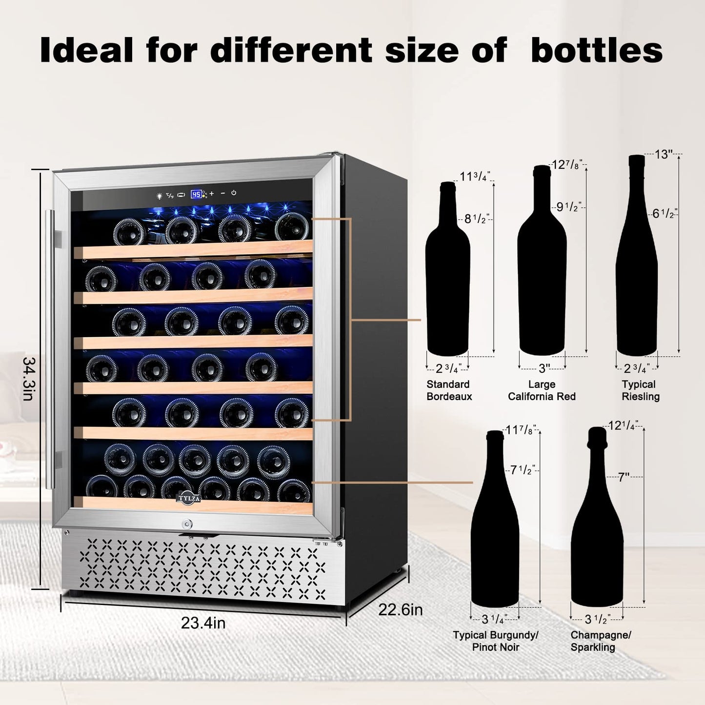 Tylza 24 Inch Wine Fridge, 54 Bottles Wine Refrigerator, Under Counter or Freestanding, 40-65°F, Lock, Double Layer Tempered Glass Door, Wine Cooler Refrigerator with Adjustable Wooden Shelves