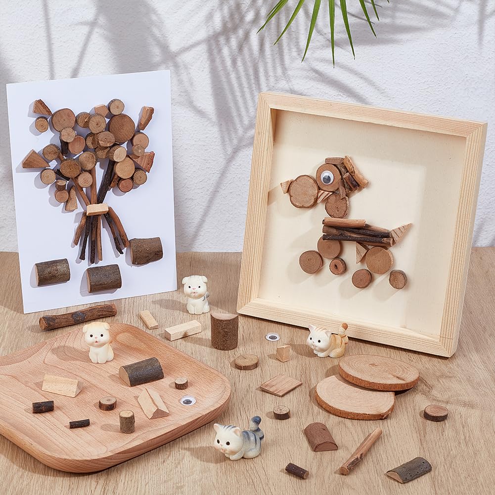 PH PandaHall Wooden Unfinished Craft Kits Natural Wood Slices Wooden Art Paint Bulk Crafts Garden Playset Loose Parts for DIY Painting Building Sorting Activities School Projects, Box 9.7x6.3x1.8 inch