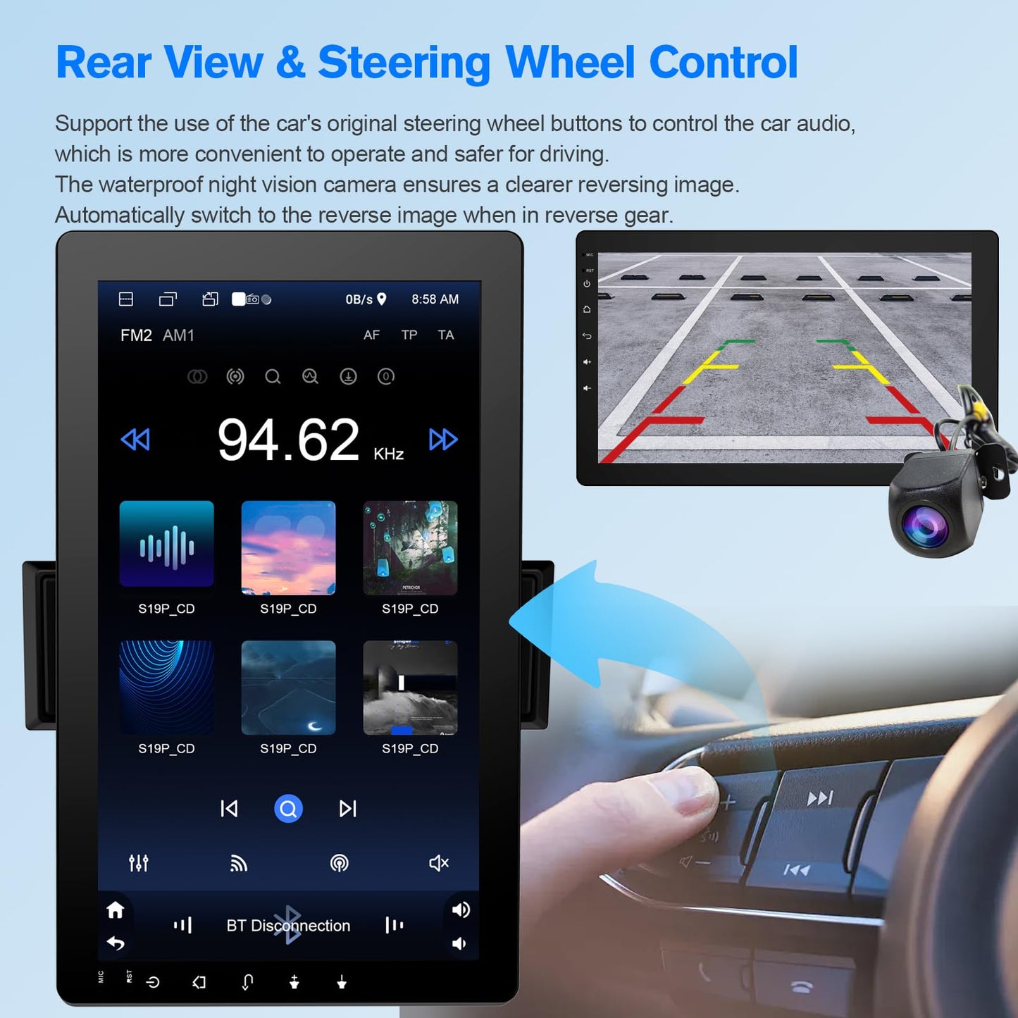 10.1" Rotatable Touch Screen Car Stereo Single Din - Android 13, Wireless CarPlay/Android Auto, 4-Core CPU, 2GB+32GB, GPS Navigation, Hi-Fi Sound, Bluetooth 4.2, AHD Backup Camera (Vertical Fit)