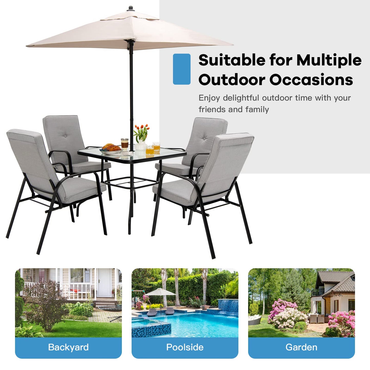 Giantex 35" Patio Table for 4 Persons, Metal Square Dining Table W/Tempered Glass Tabletop & Umbrella Hole (1 Patio Table)