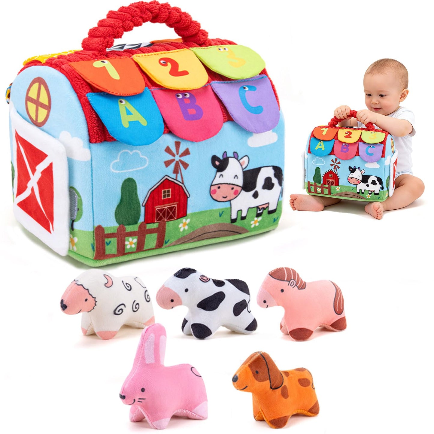 Eaistose Baby Toys 6-12 Months, Barn with Stuffed Farm Animals, Montessori Toy for Babies, Sensory Toys for Toddlers 1-3, Portable Baby Farmhouse Toy, Birthday Gift for Infants & Toddlers