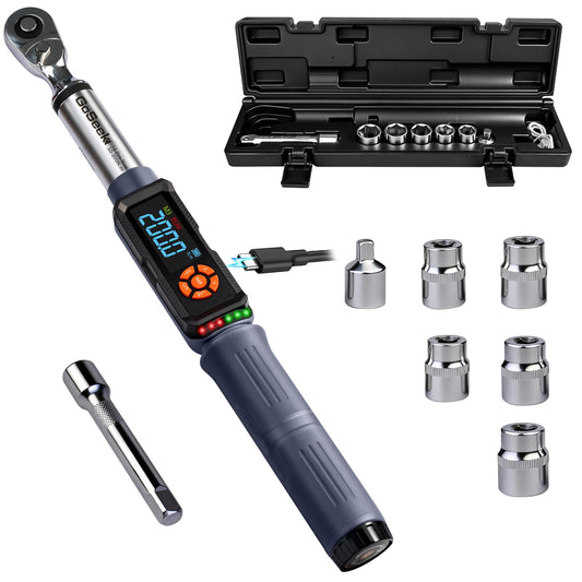 Goseek Upgraded Rechargeable Digital Torque Wrench 90 Tooth, 7.4-147.5 Ft-lbs/10-200Nm, 1/2'' Drive Electric Torque Wrench with Buzzer & LED & Vibration for Motorcycle Car Tires Repair