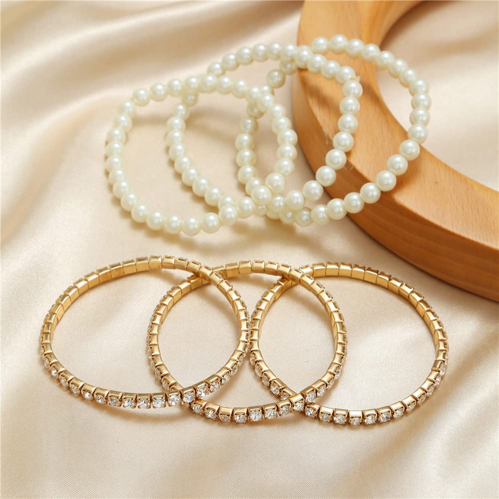 COLORFUL BLING Women Multilayer Temperament Imitated Pearl Stackable Strand Bracelets Beaded Seed Heart Rhinestone Crystal Stretch Bracelet Wedding Wrist Jewelry-zircon