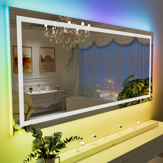 LOAAO 60”X40“ RGB LED Bathroom Mirror with Lights, Large, Anti-Fog, Dimmable Smart Lighted Bathroom Vanity Mirror, Multiple Light Modes, RGB Backlit + Front Light, Memory Function, Tempered Glass