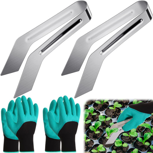 Reallnaive 4 Pcs 6.7 Inch Seedling Transplant Tongs with Gardening Gloves 2 Stainless Steel Gardening Plants Transplant Tongs 2 Rubber Coated Protective Gloves with Grip for Reducing Root Damage
