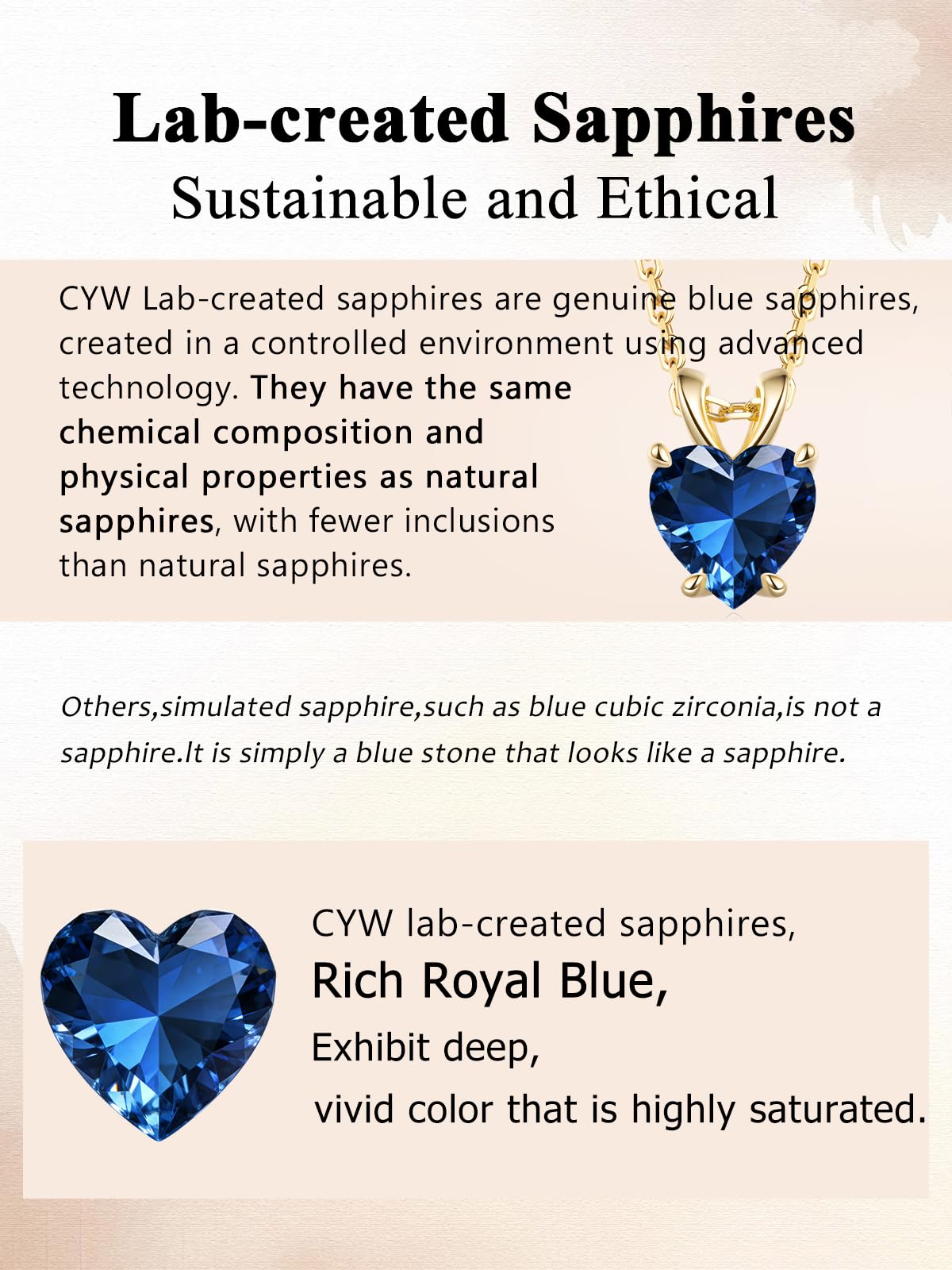 CYW 1 Carat Blue Sapphire Small Gold Heart Necklace for Women 925 Sterling Silver Solitaire Pendant Necklace