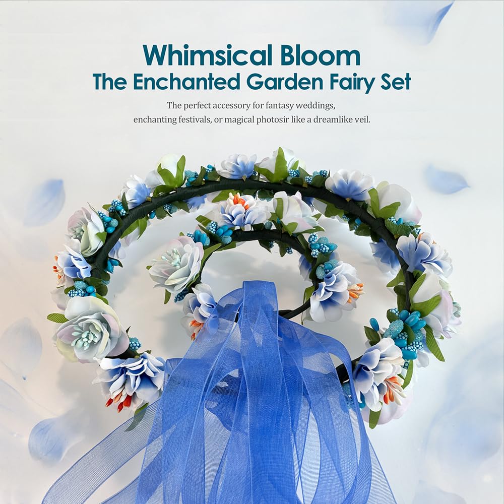 Klazelle Floral Crown Headband and Wrist Corsage Set, Flower Hair Wreath with Ribbon for Weddings and Festivals (blue)