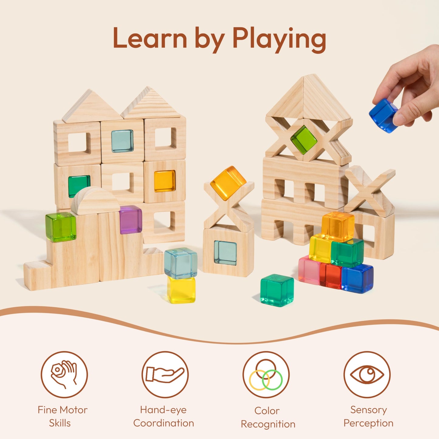 Woodtoe Wooden Rainbow Building Blocks Set for Toddlers, 22 PCS Wooden Blocks & 25 PCS Gem Cubes Stacking Blocks, Montessori Stacking Toys, Educational STEM Birthday Toys Gifts for Kid Boy Girl 3-6