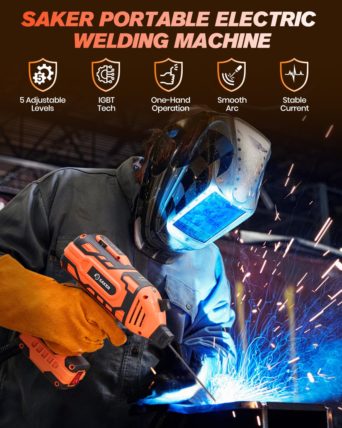 Saker Portable Welding Machine,Welding Machine 110V with IGBT Inverter 5 Variable Current Adjustment, Portable Electric Welder Machine,Fits for 3/32" Wire Rods,Gift for Men(Orange)
