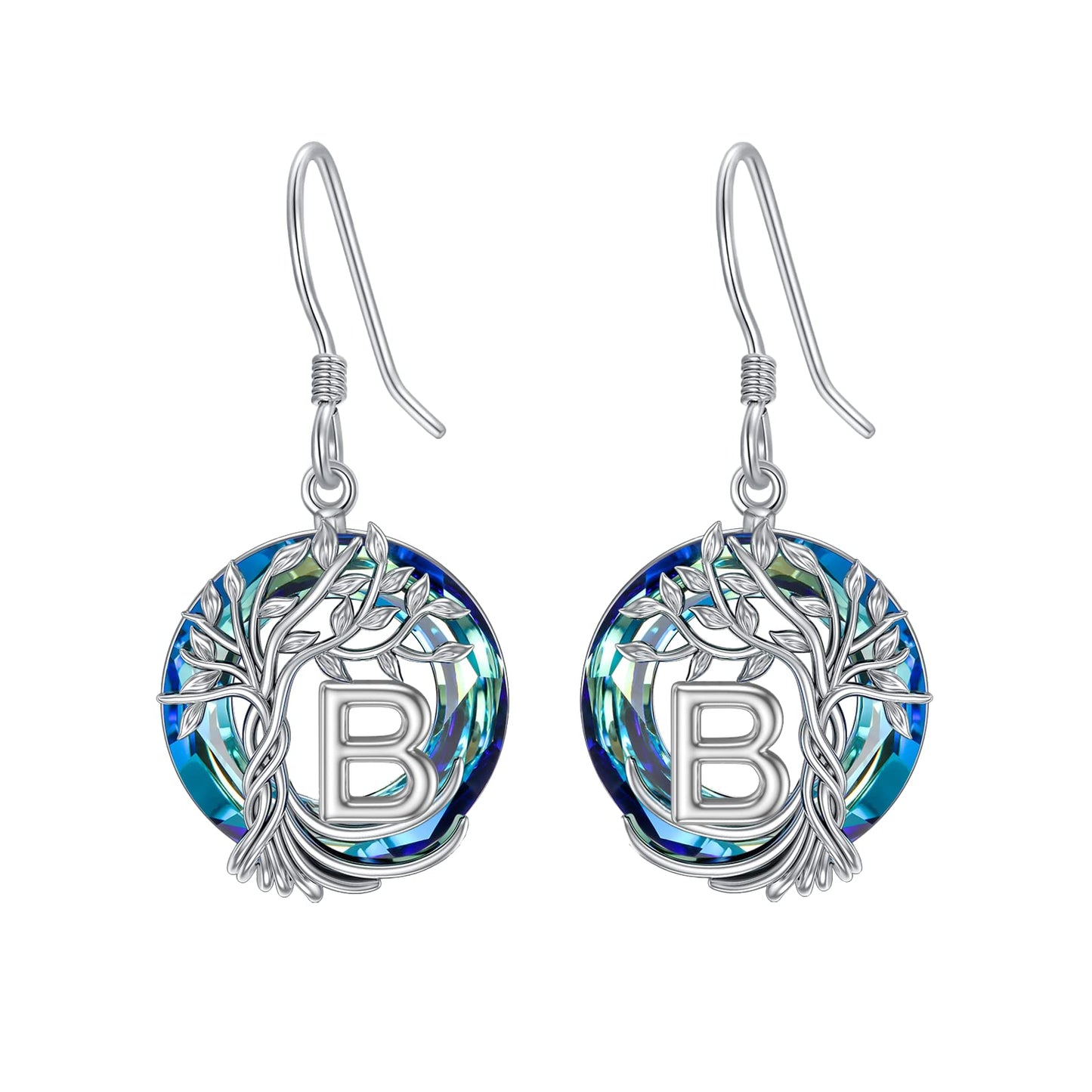 TOUPOP Tree of Life Initial Earrings Sterling Silver Initial B Letter Drop Dangle Earrings Blue Circle Crystal Family Tree Jewelry Birthday Mothers Day Gifts for Women Mom Her