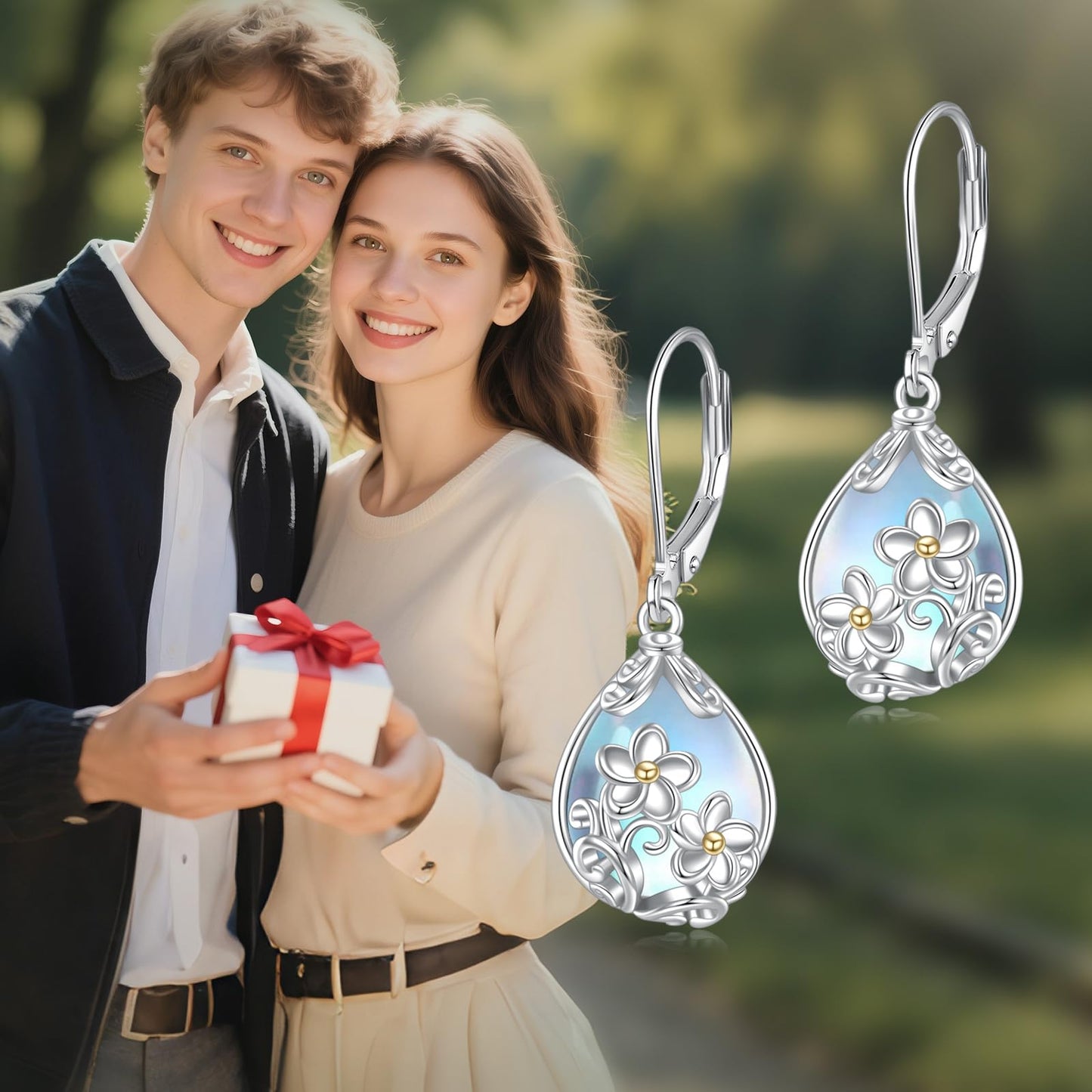 POPLYKE Moonstone Plumeria Teardrop Drop Dangle Earrings Sterling Silver Leverback Earrings Moonstone Jewelry Gifts for Women