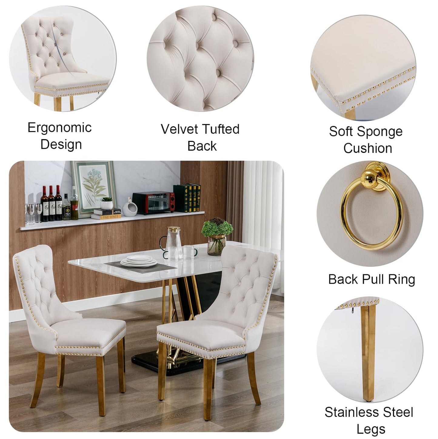 Maxtude 7 Piece Dining Table Set, Gold Dining Room Table with 6pcs White Velvet Dining Chairs, 70" Glass Dining Table Set for 6 with Stainless Steel Base for Kitchen Dining Living Room