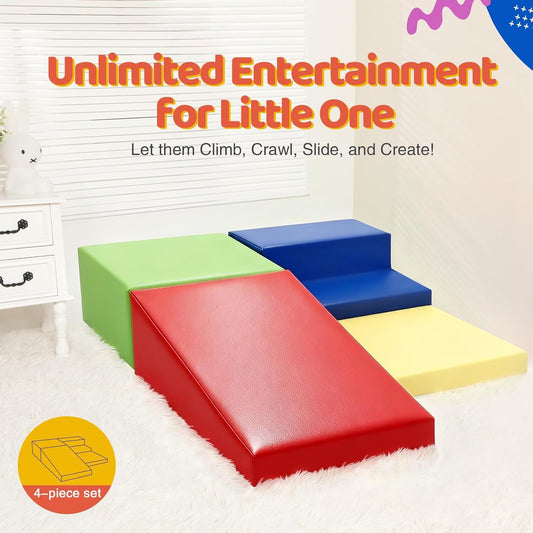 4-Piece PU Leather Baby Foam Climbing Blocks for Toddlers - Soft Play Climbing Toys for Toddlers - Foam Climbing Set for Crawling and Sliding Indoor (Red Yellow Blue)
