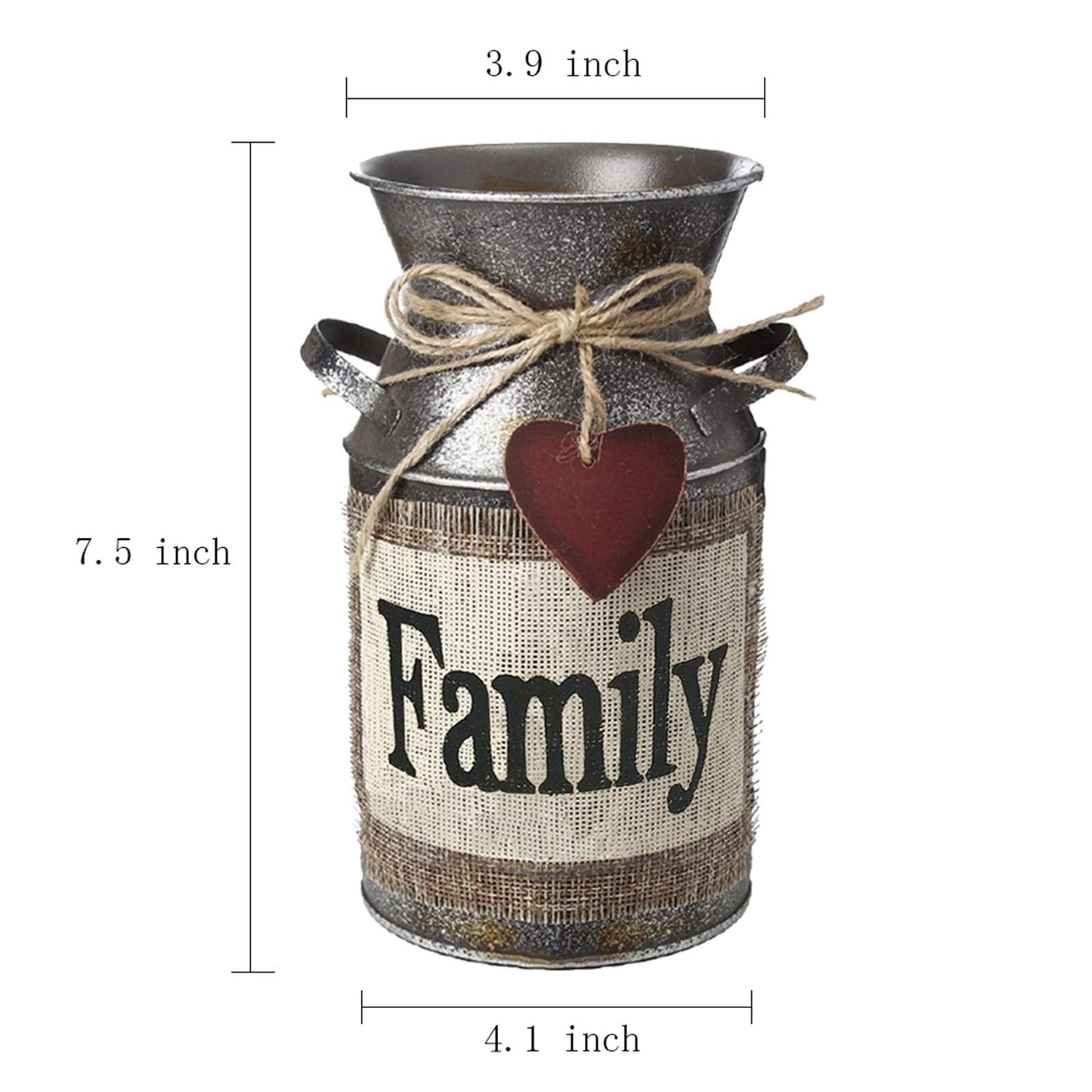 HIDERLYS 7.5" High Rustic Decorative Vase with Greetings and Rope Design, Metal Milk Can Country Jug for Living Room, Bedroom, Kitchen(Family)