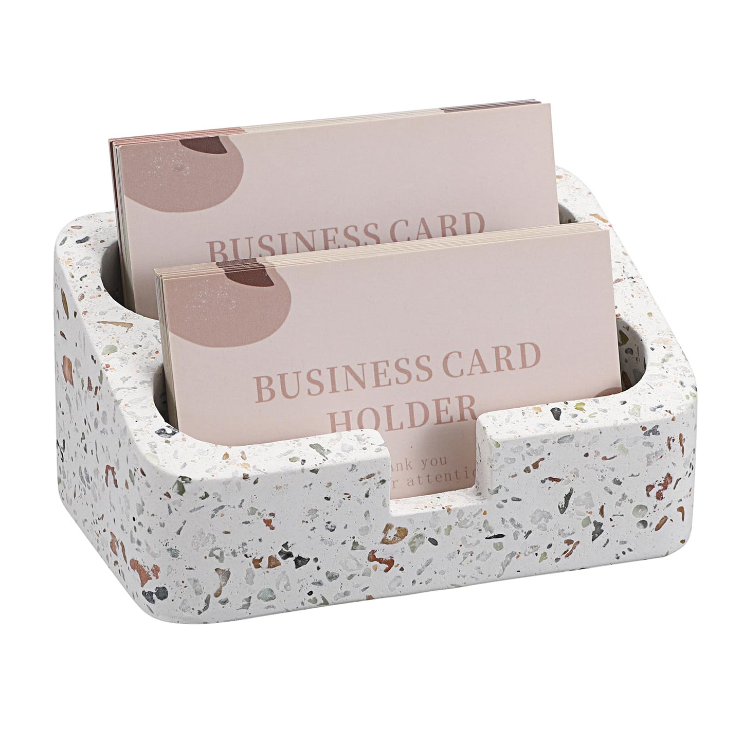 Hipiwe Business Card Holder Stand for Desk, 2 Slots Terrazzo Business Name Card Display Stand for Women Men Desktop Concrete Business Card Organizer for Office, Fits for 100 Business Cards