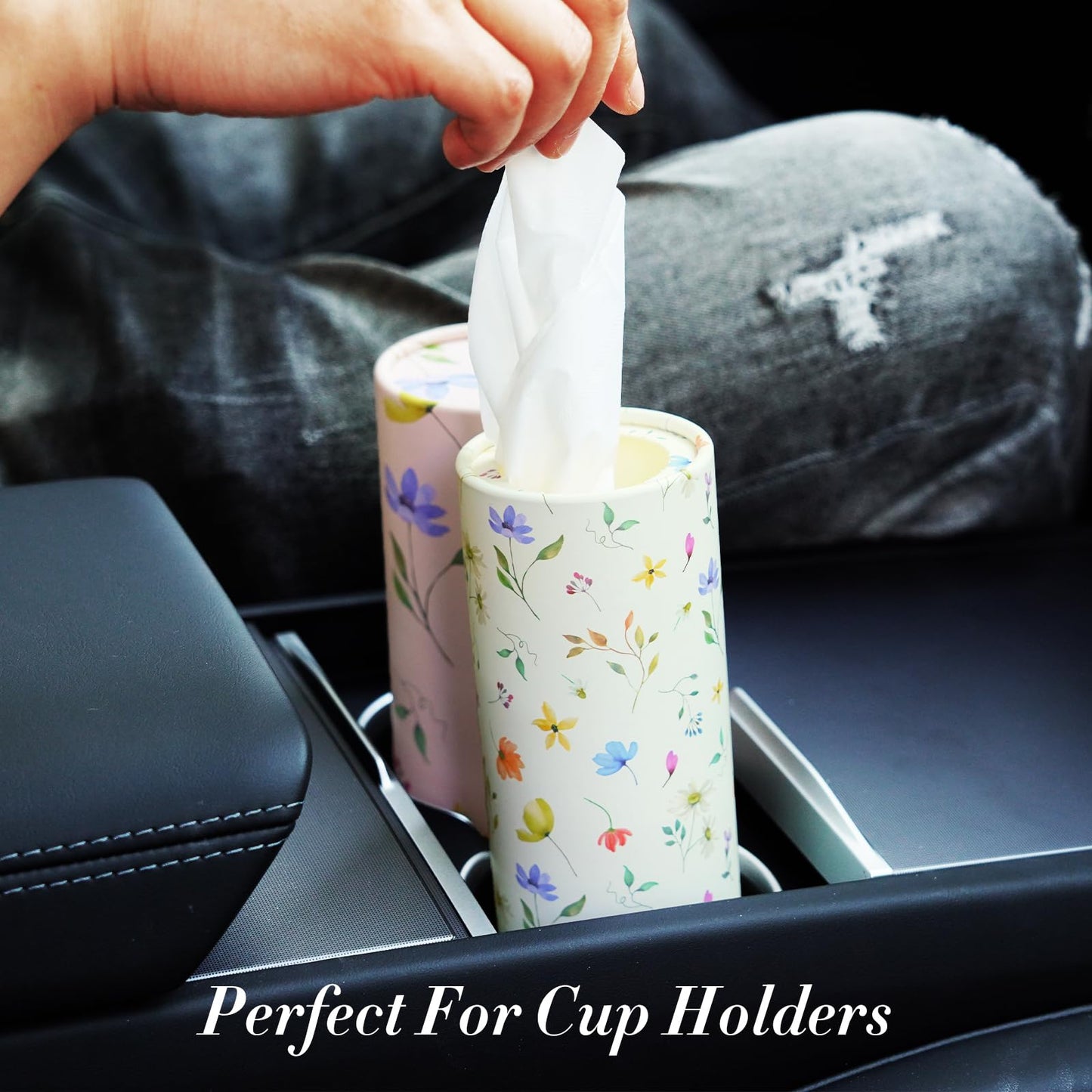 4 Pack Pink Wild Floral Car Tissue Holder with 3-Ply Facial Tissues - Round Cylinder Tissues Fits Car Cup Holder, Travel Tissues Bulk (200 Sheets 7.1x7.1") - Cute Sister Mother's Day Birtyday Gifts