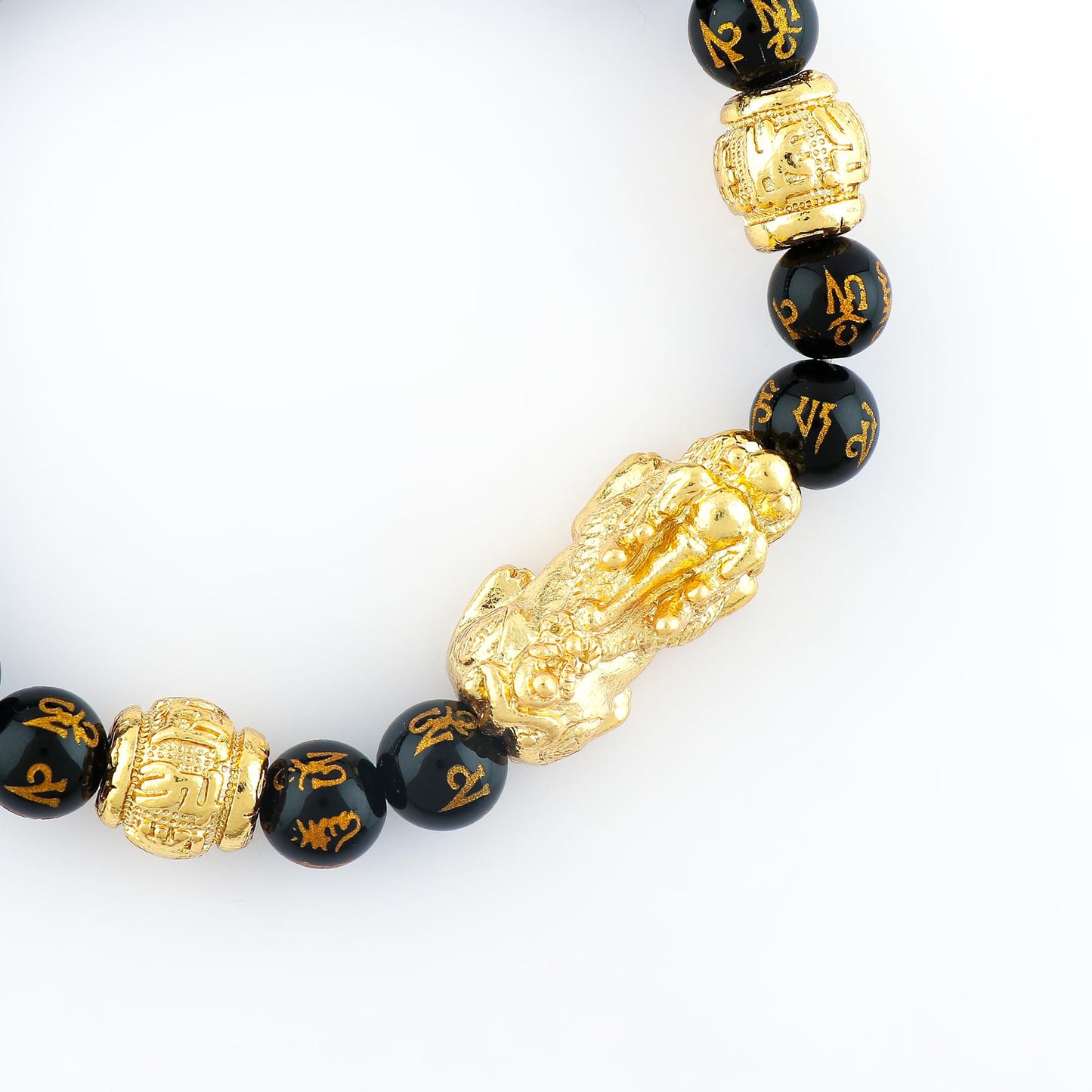CRYSTALINES Om Mani Padme Hum Lion Beads Bracelet, Onyx Gemstone Stretchable Beaded Bracelet, Handmade, Chakra - Healing - Yoga - Spiritual - Protection, Kundalini Stretch Bracelet - 8mm Beads