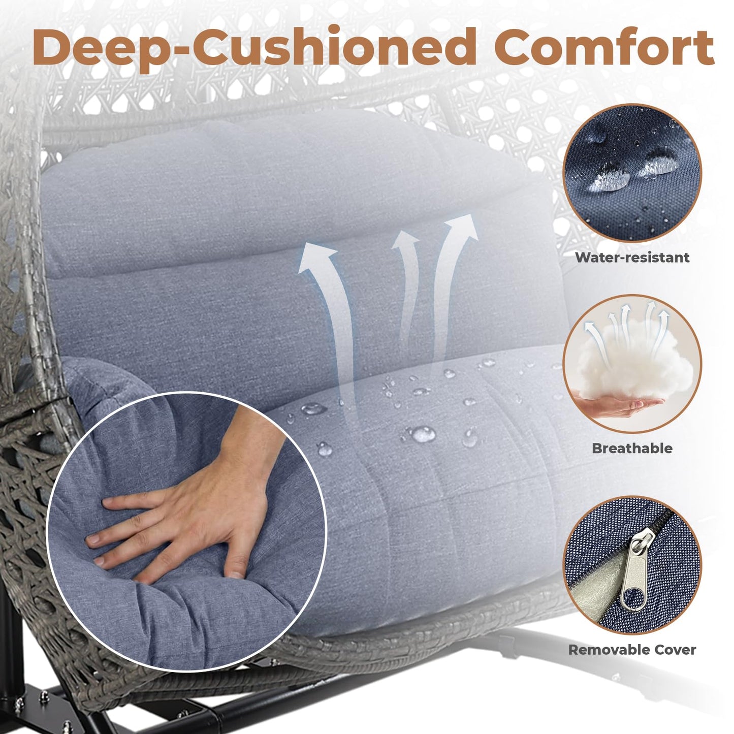 DREAM YOUNG 2 Person Egg Chair with Stand, Oversized Wicker Hanging Loveseat, Heavy-Duty Steel Frame, Extra-Thick Cushion, Rain Cover Included, All-Weather Indoor Outdoor Patio Swing Chair, Dark Grey