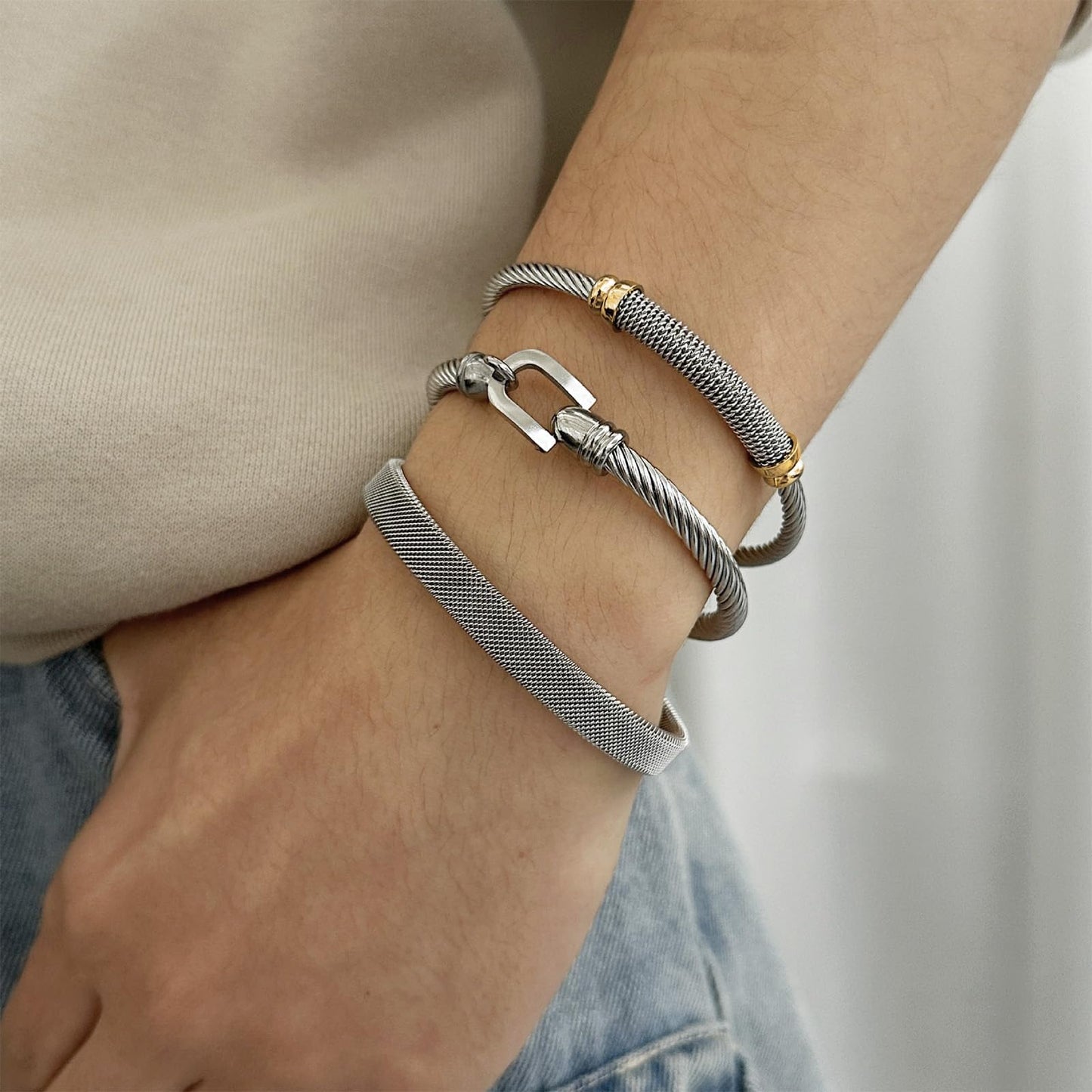 MENGSHA Punk Silver & Gold Twisted Cable Cuff Bracelet for Men/Women Durable Stainless Steel Chunky Bangle Bracelet Adjustable Opening,Daily Wear & Outdoor Adventure Unisex Jewelry Gift for Him/Her