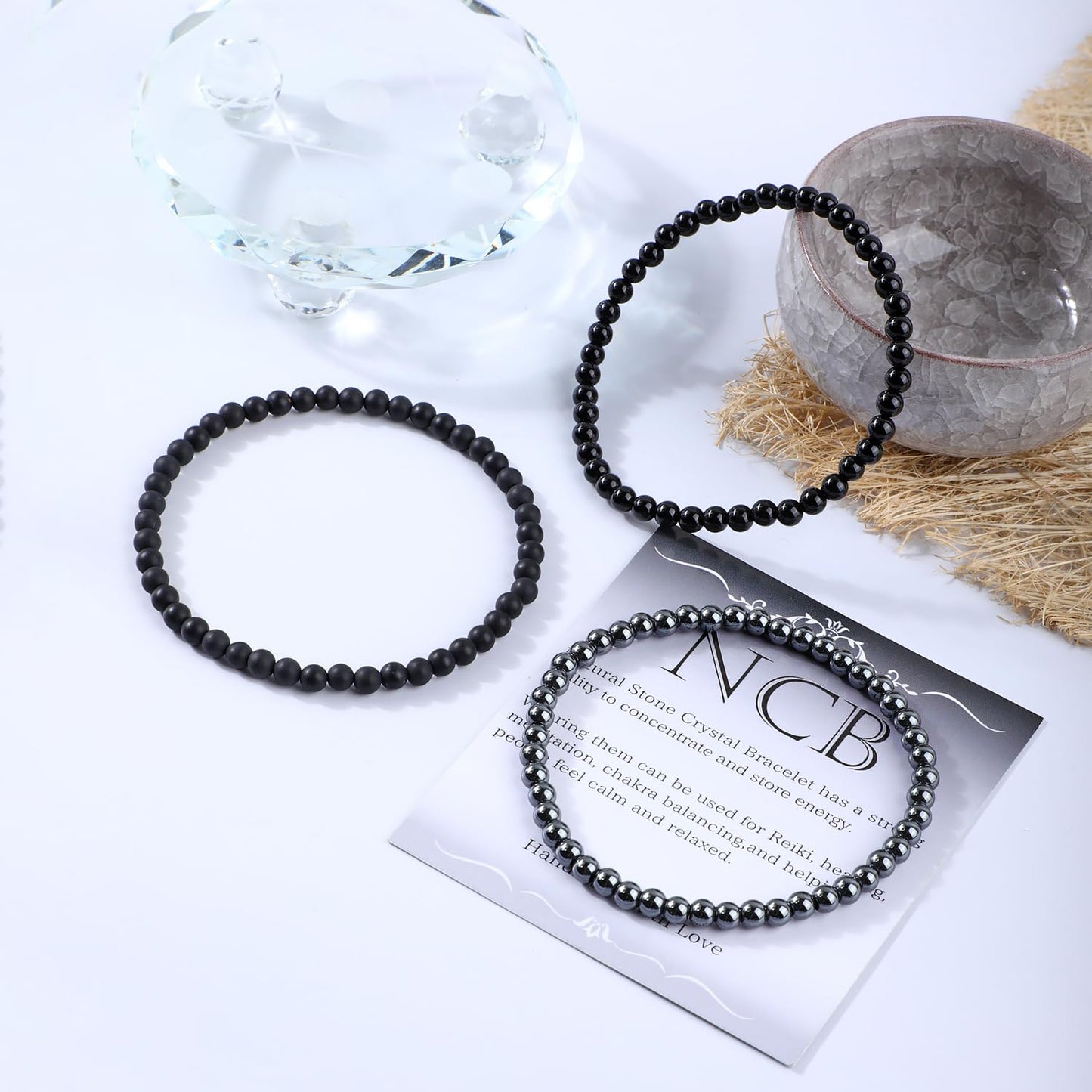 NCB 3-Piece 4mm Natural Crystal Gemstone Stretch Bracelets – ﻿Black Onyx, Hematite, Matte Black Agate Handmade Reiki Energy Healing Jewelry for Meditation,Yoga, Unisex