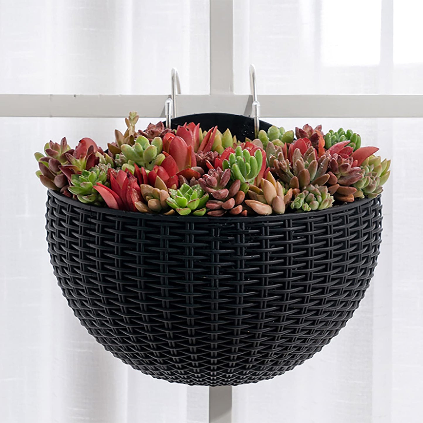 Hanging Planter Pot, Wall and Railing Hanging Planters with S Hooks, Half Round Imitation Rattan European Style Wall Flowerpot Rustic Decorative Flower Basket for Home Balcony(#26*20.5cm Dark green)
