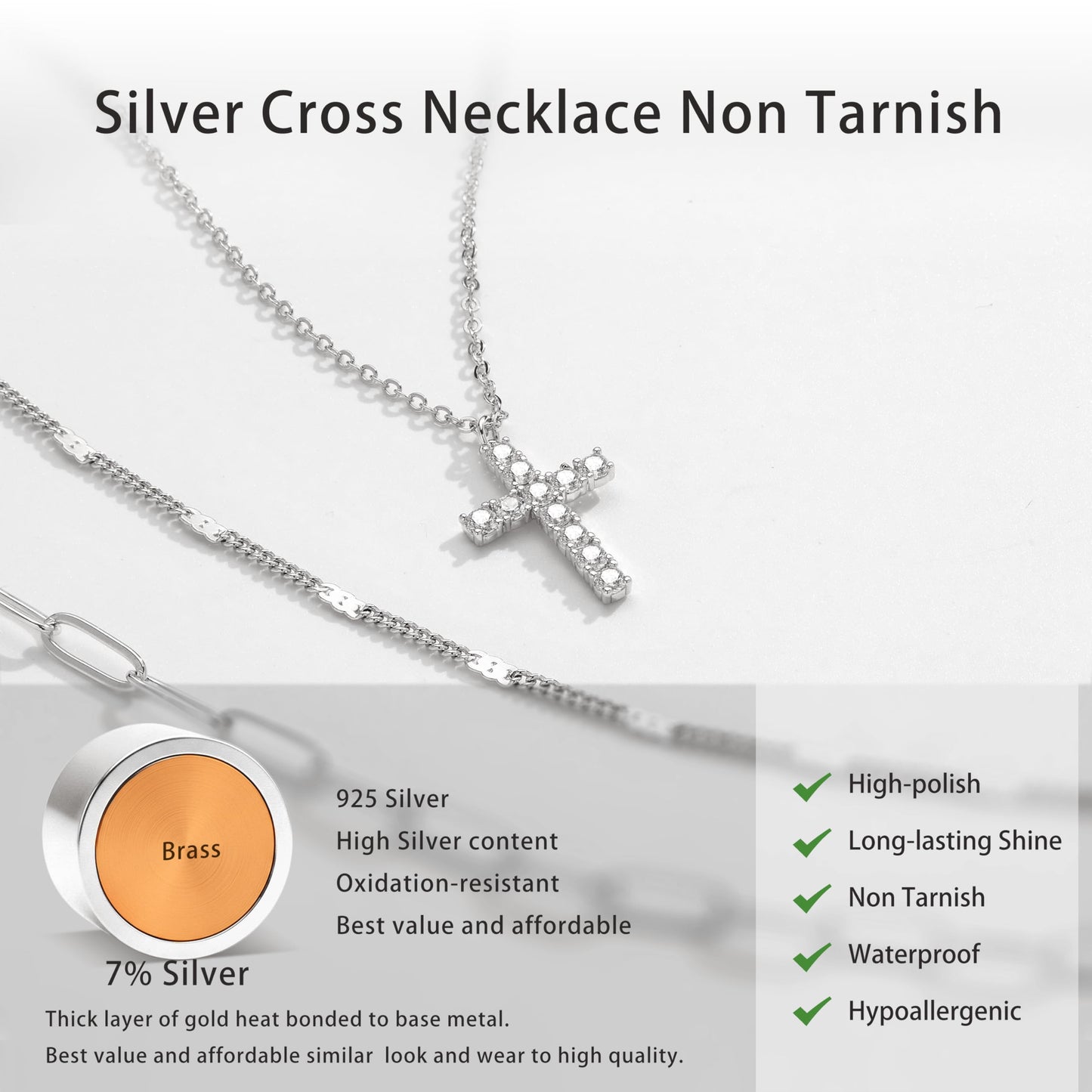Layered Silver Gold Necklaces for Women,Silver Plated Dainty Stackable Choker Necklaces for Women,Trendy Layering Cubic Zirconia Cross Pendant Paperclip Thin Chain Necklace Set Jewelry Gifts for Women