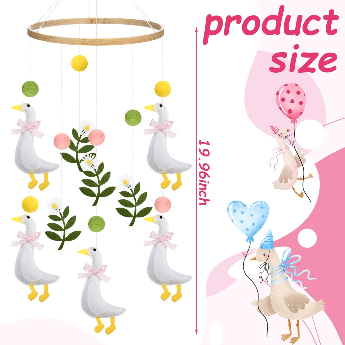 Vicenpal Wildflower Butterfly Baby Mobile for Crib Pink Spring Baby Room Decor Felt Nursery Mobile for Crib Neutral Wooden Handmade Hanging Decoration(Silly Goose)