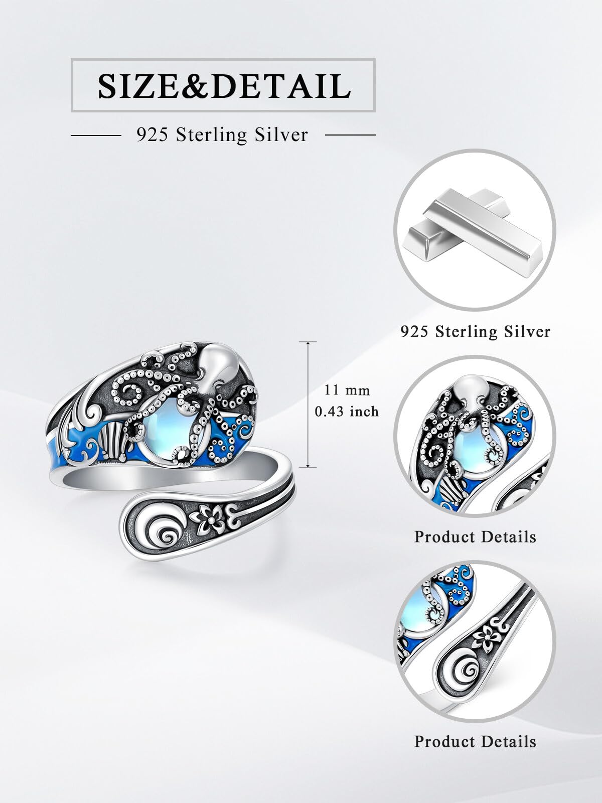 Midari Spoon Rings for Women 925 Sterling Silver Blue Octopus Adjustable Vintage Finger Thumb Rings Ocean Octopus Jewelry for Women Birthday Christmas Gift